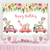 Toile de fond d'anniversaire de défilé de fête florale et de voiture rose
